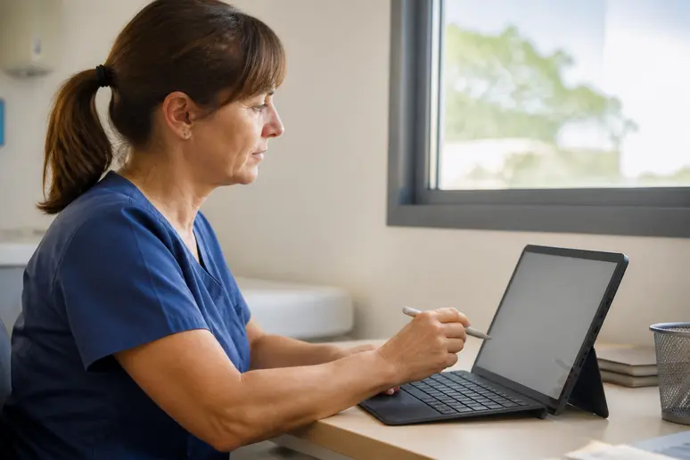Professionnelle de santé française concentrée sur son ordinateur pour une airmes connexion facilitée, environnement de bureau clair.