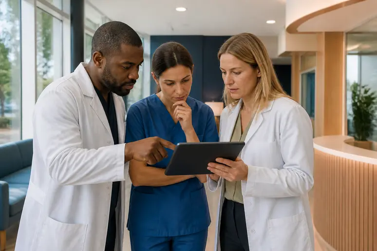 Équipe de professionnels de santé en France discutant d'un problème sur une tablette pour une aide à la airmes connexion.