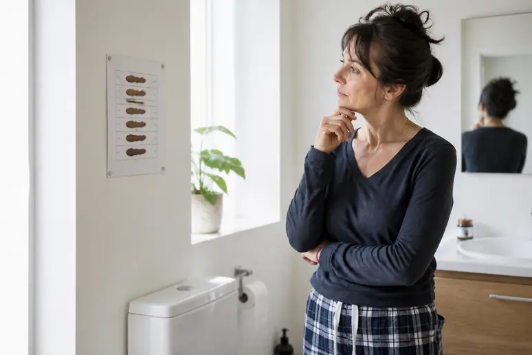 Interprétation des types de selles de l'échelle de Bristol par une femme dans sa salle de bain.