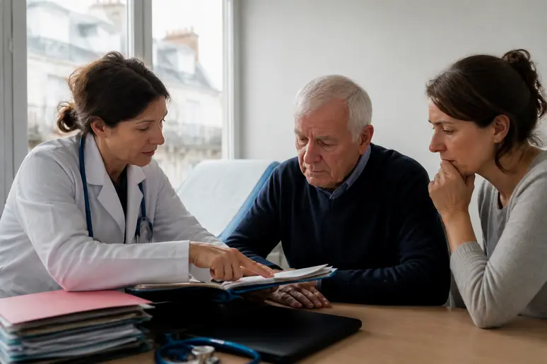 Médecin expliquant l'indice de Karnofsky à un patient âgé et sa famille dans un hôpital français.