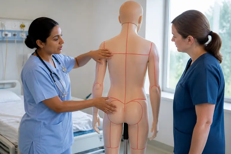 Application de la règle des 9 de Wallace par un professionnel de santé en milieu hospitalier.