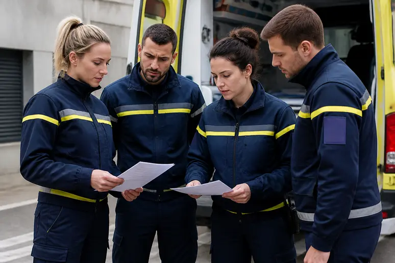 Groupe d'ambulanciers français comparant des fiches de paie, illustrant le salaire ambulancier.