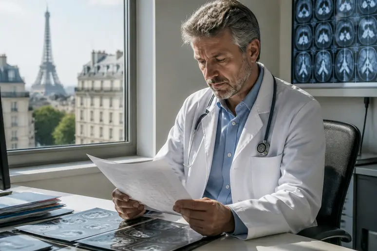 Cardiologue français en blouse blanche consultant des dossiers médicaux, focus sur le salaire d'un cardiologue.