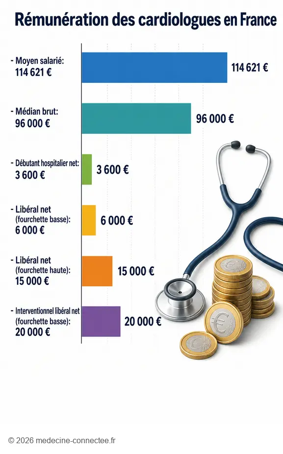 Comparaison des salaires annuels et mensuels des cardiologues en France.