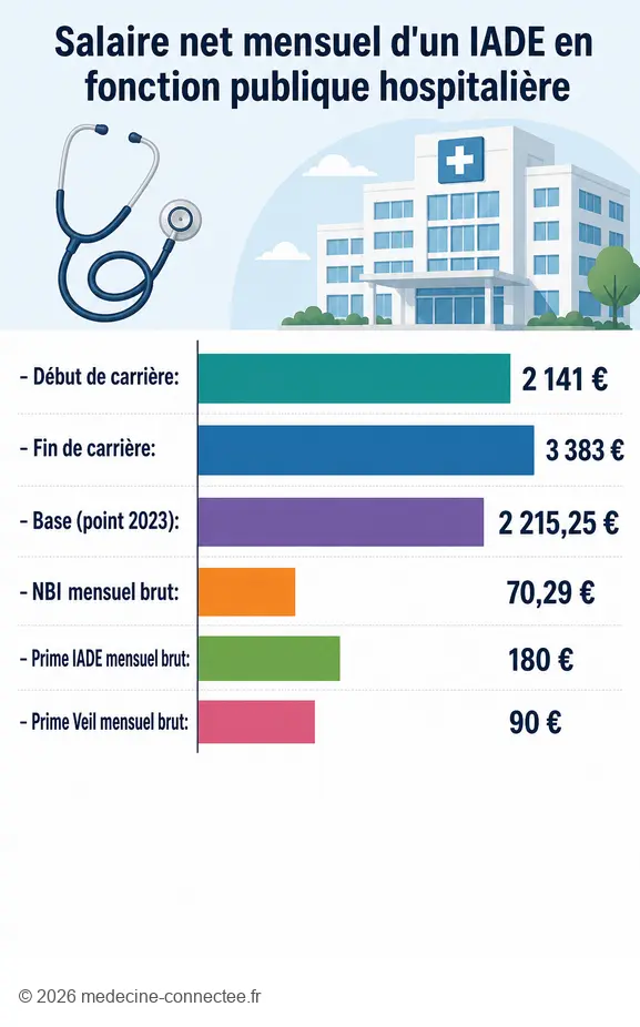 Comparaison des salaires IADE : début, fin de carrière, et primes diverses en fonction publique hospitalière.
