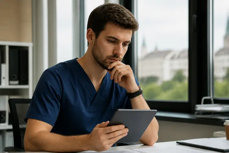 Un infirmier luxembourgeois analyse son salaire net sur une tablette, compréhension du salaire infirmier Luxembourg.
