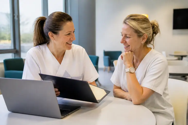 Deux infirmiers discutent de perspectives d'évolution et du salaire infirmier Luxembourg.