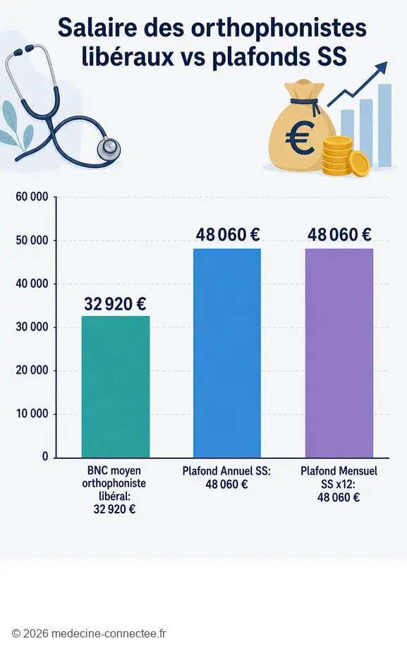 Comparaison du salaire moyen d'un orthophoniste libéral avec les plafonds de la sécurité sociale en France.