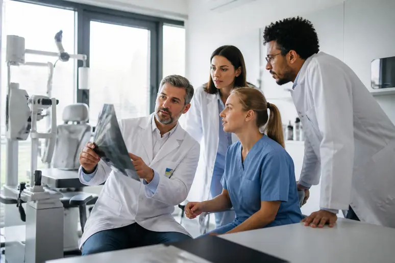 Professionnels de santé français, dont un orthoptiste, travaillant ensemble dans un hôpital, focus sur le salaire orthoptiste.