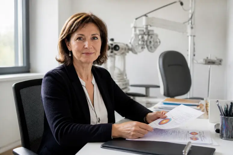 Orthoptiste française souriante dans un cabinet privé, gérant des dossiers, illustrant le salaire orthoptiste.