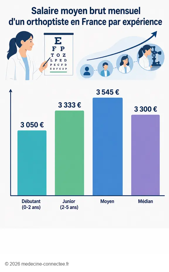 Comparaison des salaires moyens et médians des orthoptistes selon leur expérience en France.