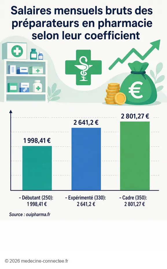 Comparaison du salaire préparateur en pharmacie selon le coefficient : débutant, expérimenté et cadre.