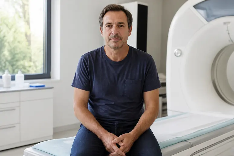Un patient serein se prépare pour un examen de score calcique coronaire dans un centre médical moderne.