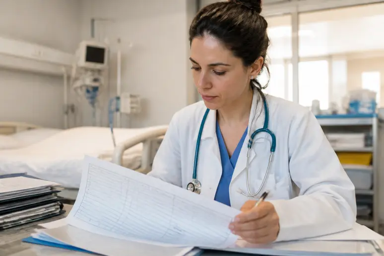Professionnel de santé analysant le score de Cushman pour le sevrage alcoolique en milieu hospitalier.