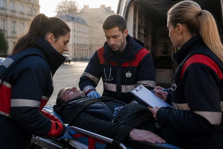 Paramédic français évaluant l'état d'un patient inconscient, score de glasgow en cours.