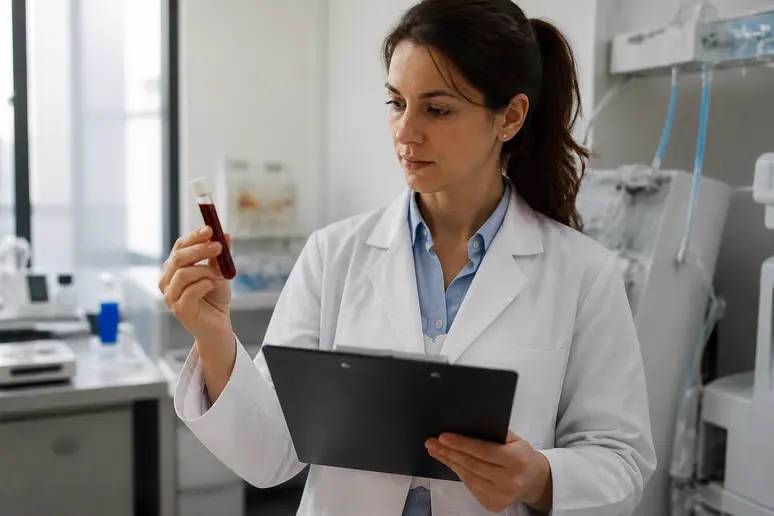 Professionnel de santé examinant un échantillon sanguin pour le calcul du score MELD.