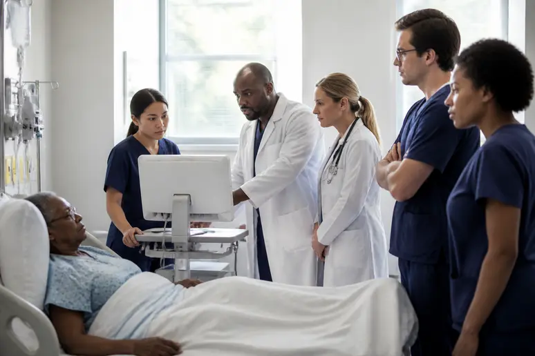 Équipe médicale discutant des priorités de transplantation basées sur le score MELD du patient.