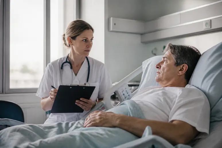 Professionnel de santé évaluant un patient avec le score NIHSS dans une chambre d'hôpital.