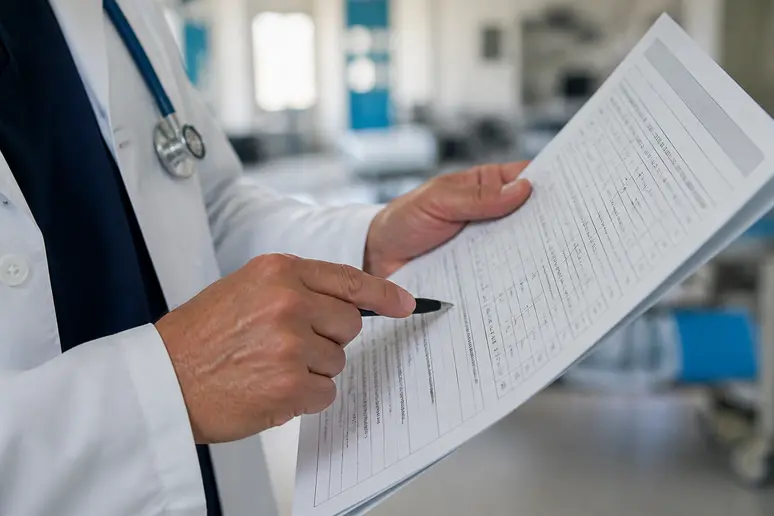 Détail d'un score NIHSS sur un dossier médical indiquant les implications thérapeutiques.