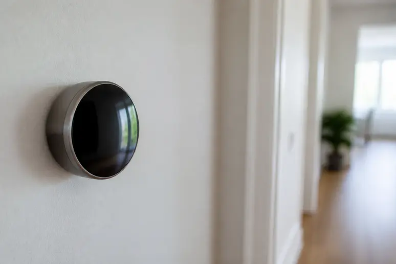 Boîtier de thermostat intelligent fixé au mur pour réguler la température ambiante et éviter les erreurs de chauffage.