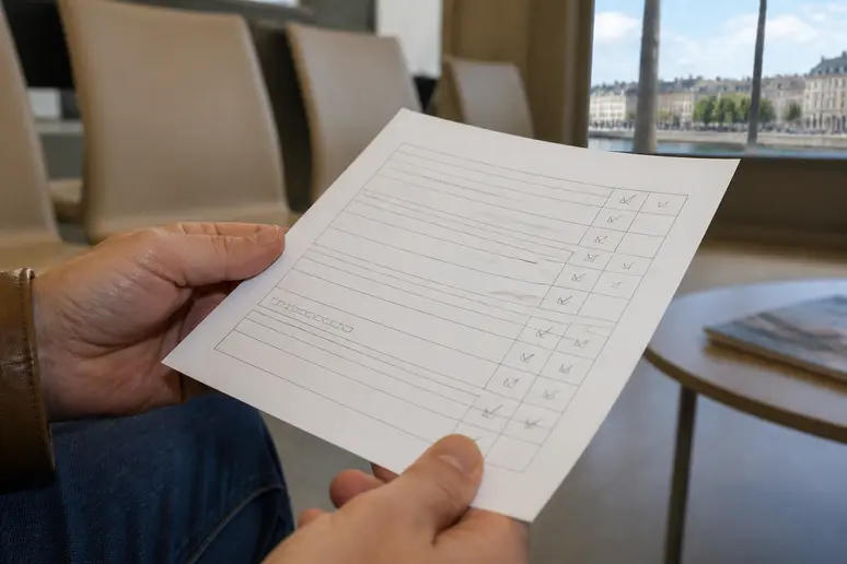 Main tenant un formulaire du test de Fagerström complété, outil d'aide au sevrage tabagique dans un cadre médical.