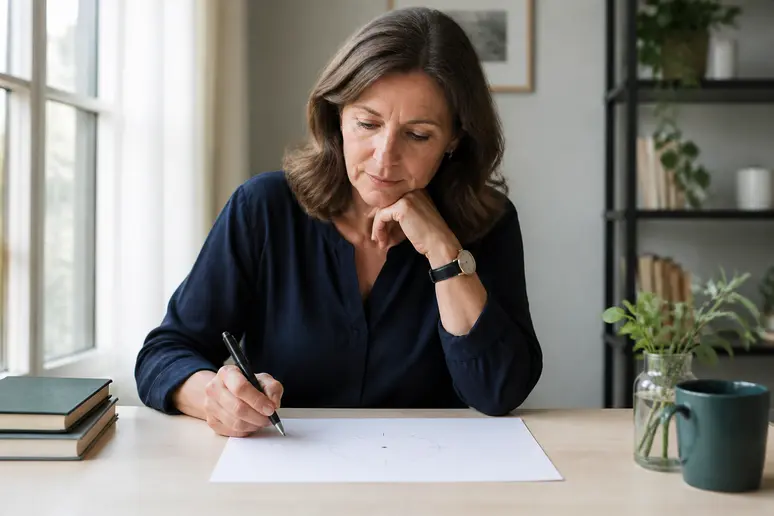 Une femme réalise le test de l'horloge avec un stylo sur une feuille blanche, concentrée.