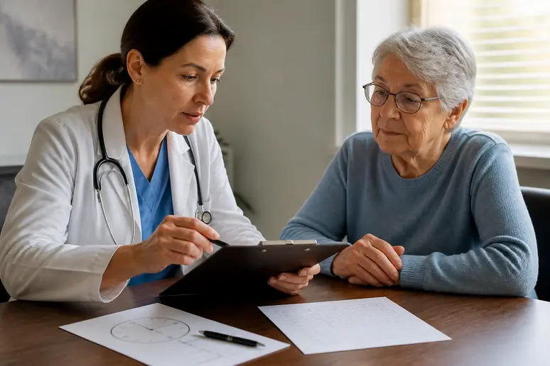 Un médecin explique les résultats du test de l'horloge et du MMSE à un patient âgé.