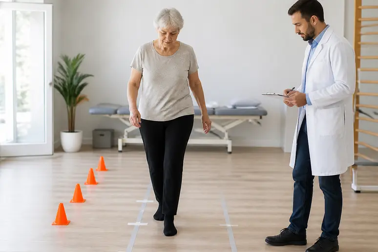 Une gériatre évalue la démarche d'une patiente lors du test de tinetti en clinique.