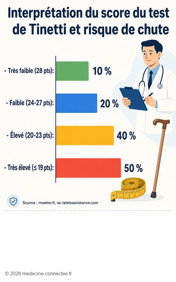 Interprétation des scores du test de Tinetti et niveaux de risque annuel de chute.