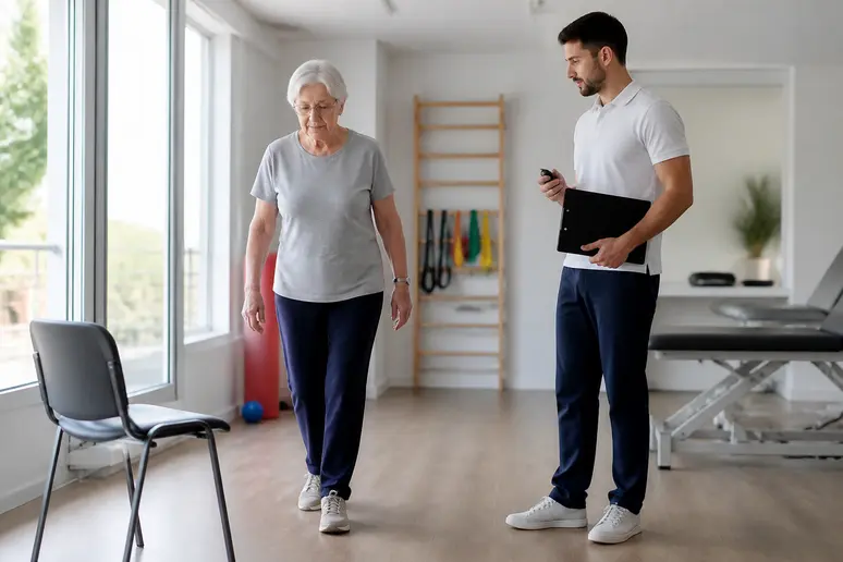 Interprétation des résultats du timed up and go test par une kinésithérapeute avec une patiente âgée