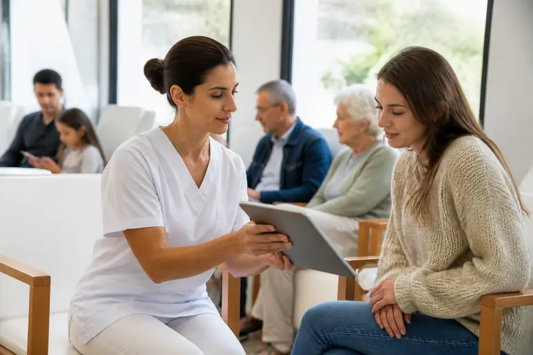 Dentiste expliquant la veasy connexion sur une tablette à un patient dans une salle d'attente.