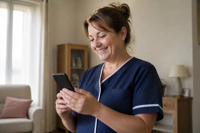 Professionnelle de santé utilisant l'application ximi connexion pour ses rendez-vous à domicile.