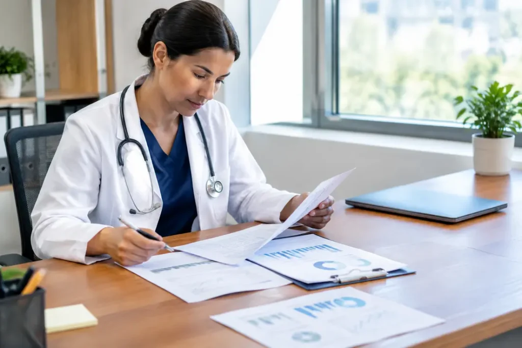 Professionnel de santé consultant des documents de gestion dans un bureau lumineux pour une ageval connexion réussie
