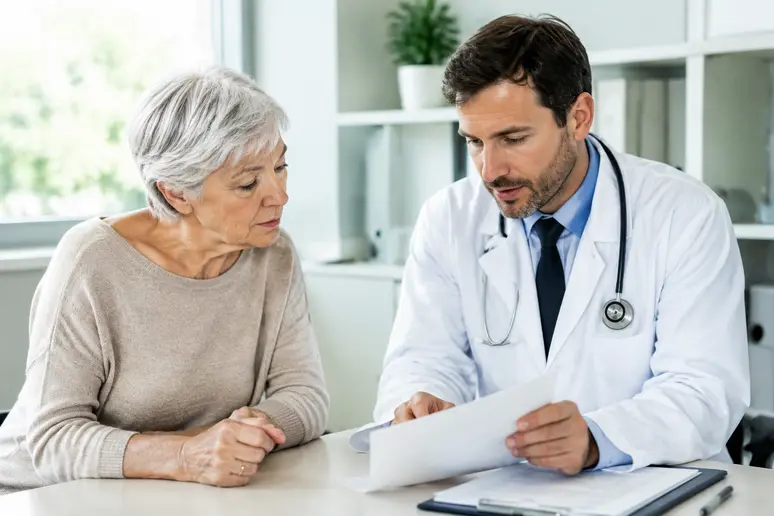 Patient âgé en consultation médicale pour discuter de ses résultats de prise de sang