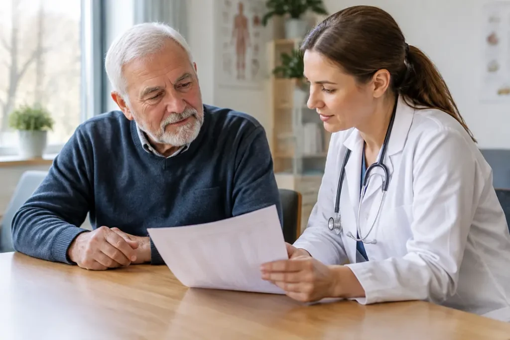 Un patient âgé discute de ses résultats de laboratoire avec un professionnel après un calcul dfg ckd epi
