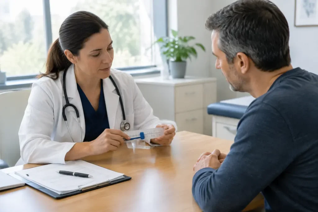 Un médecin utilise une échelle eva douleur lors d'une consultation médicale dans un cabinet lumineux.