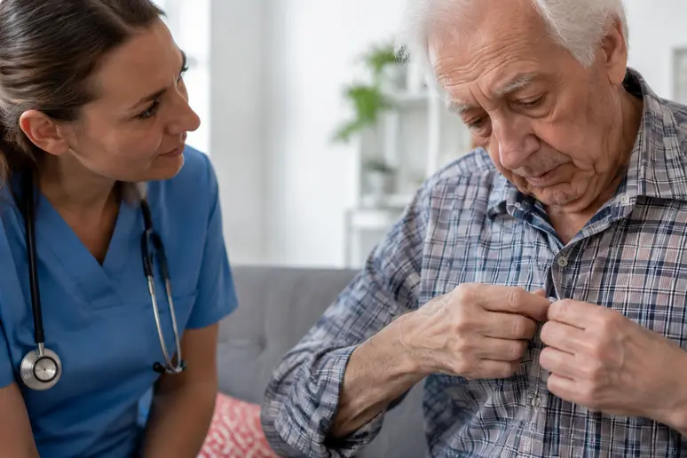 Patient âgé réalisant un geste quotidien sous l'observation attentive d'un professionnel de santé