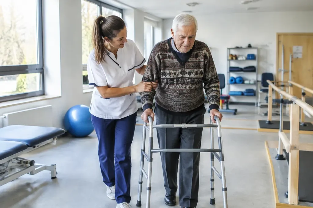 Un professionnel de santé observe un patient lors d'une évaluation avec l'index de barthel en centre de rééducation.