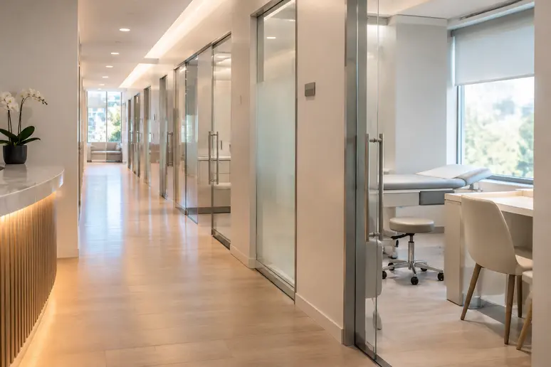 Couloir moderne d'une clinique privée dédiée à la chirurgie plastique et esthétique
