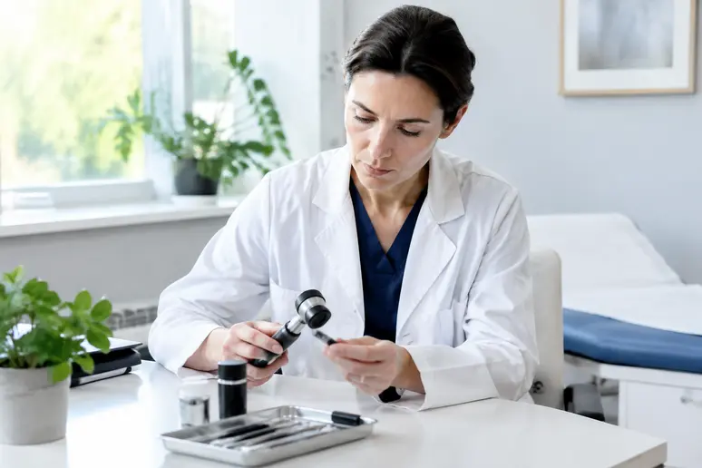 Dermatologue en cabinet libéral consultant ses dossiers médicaux dans son bureau