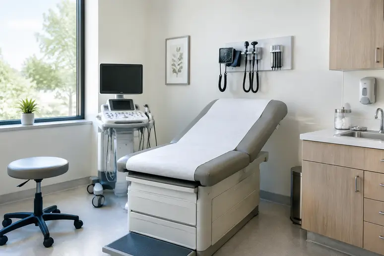 Salle de consultation médicale moderne utilisée pour l'exercice de la dermatologie
