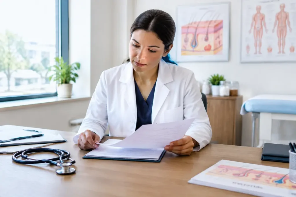 Un médecin examine des documents financiers pour analyser le salaire dermatologue en cabinet libéral