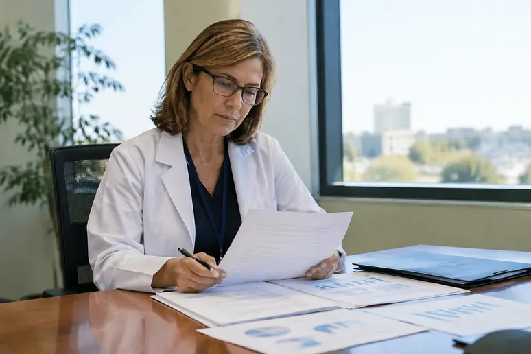 Directeur d'hôpital en réunion de travail examinant des documents administratifs et budgétaires