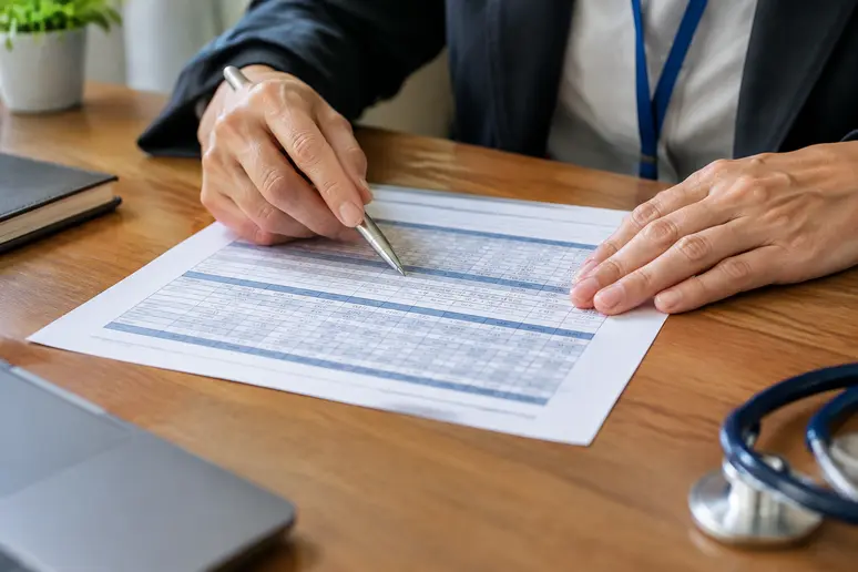 Examen minutieux d'une grille de salaire et des documents de paie du secteur hospitalier
