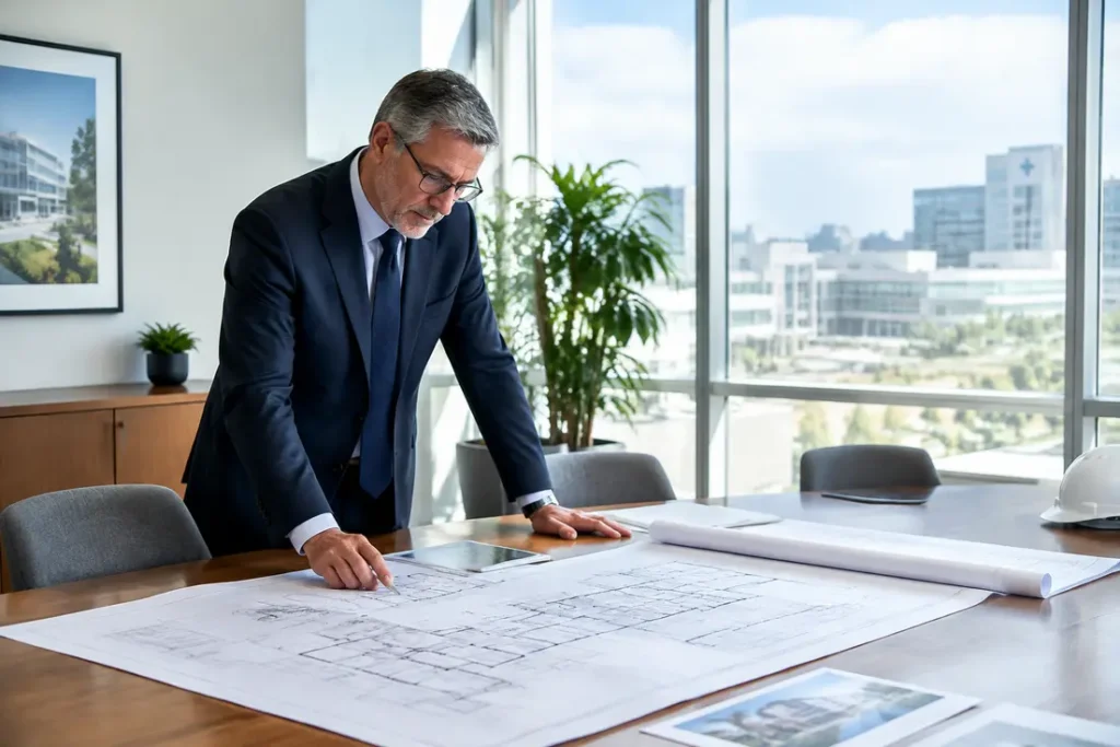 Un directeur d'hôpital examine des documents dans son bureau lumineux pour étudier son salaire directeur d'hôpital et ses primes.