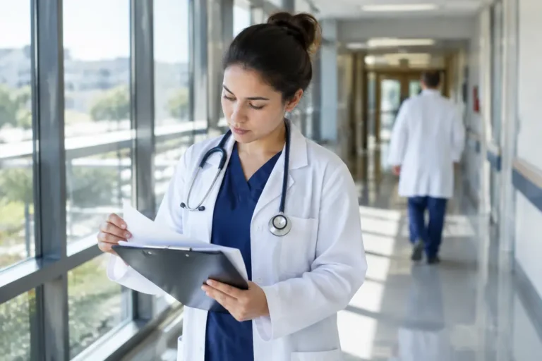 Jeune médecin en blouse blanche consultant des documents avec le salaire docteur junior à l'hôpital