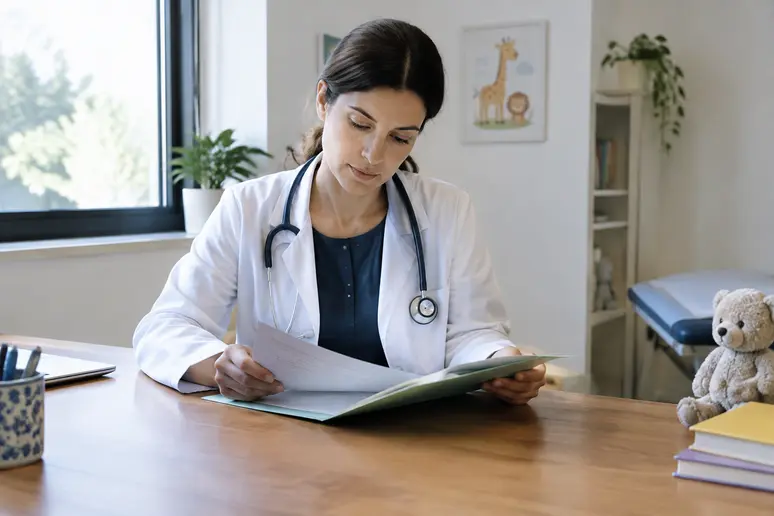 Un pédiatre en consultation dans son cabinet libéral avec ses dossiers médicaux