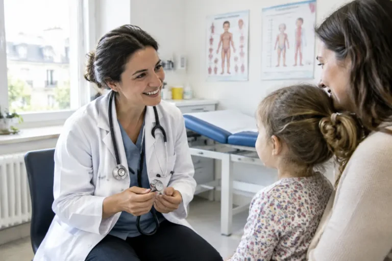 Un pédiatre en blouse blanche examine un jeune enfant dans son cabinet médical.