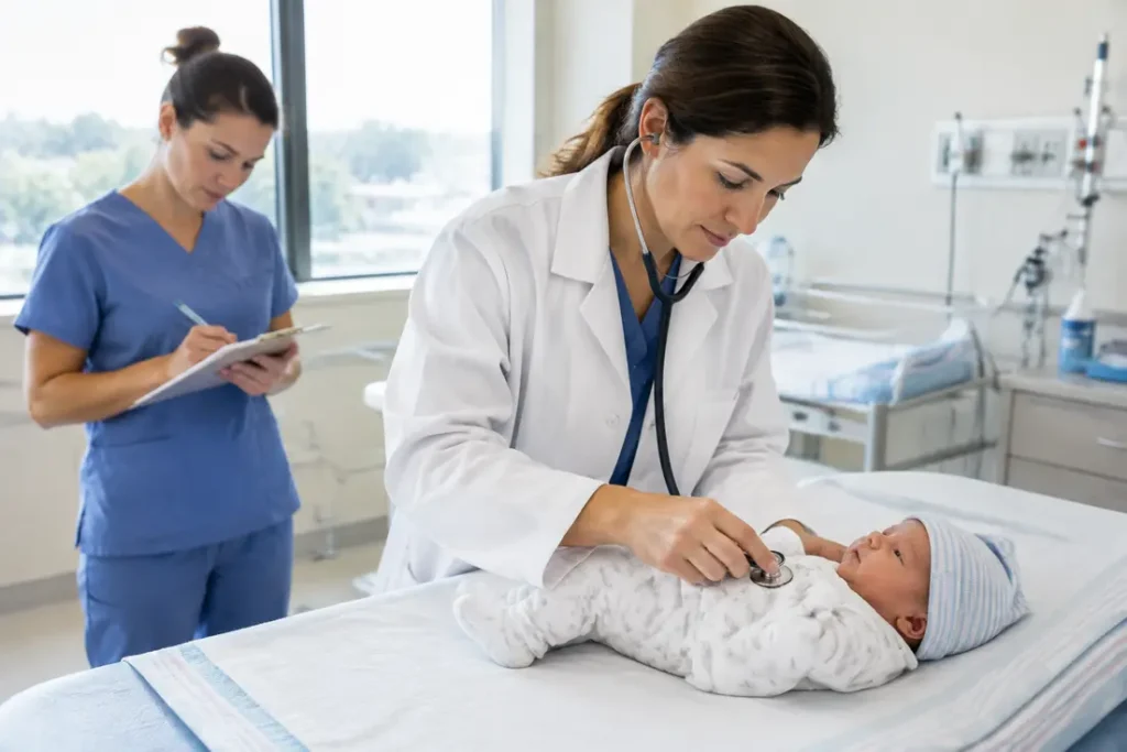 Examen médical d'un nouveau-né habillé par un pédiatre à l'aide du score d'apgar en maternité