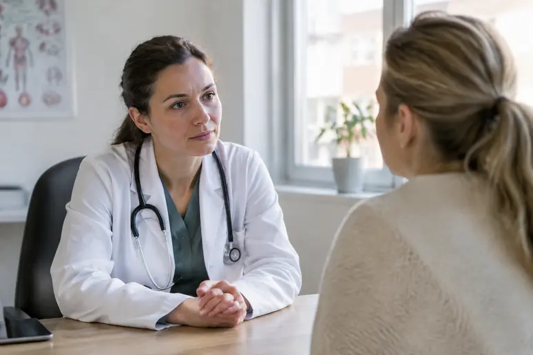 Médecin généraliste en consultation discutant du dossier médical et du traitement anticoagulant d'un patient.